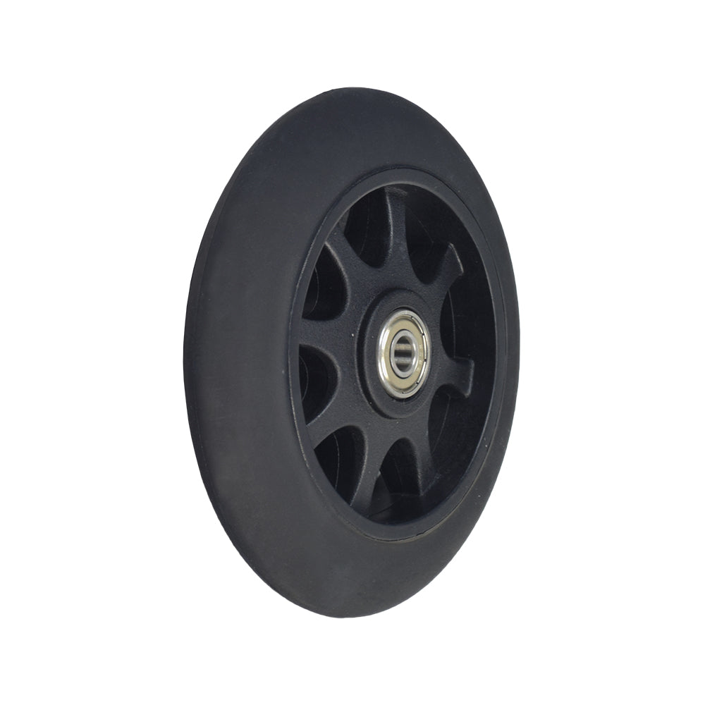 Front Anti-tip Wheel for Jazzy, Jet, and Quantum Power Chairs (Black Urethane): Close-up of a black wheel with a black rim and metal center, designed for enhanced stability and safety.