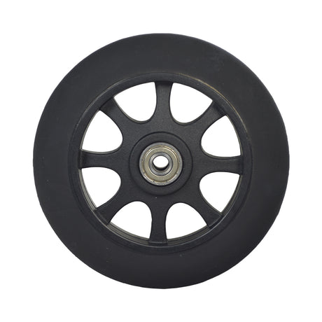 Front Anti-tip Wheel for Jazzy, Jet, and Quantum Power Chairs (Black Urethane), featuring a black wheel with a metal center, designed for stability and safety on power chairs.