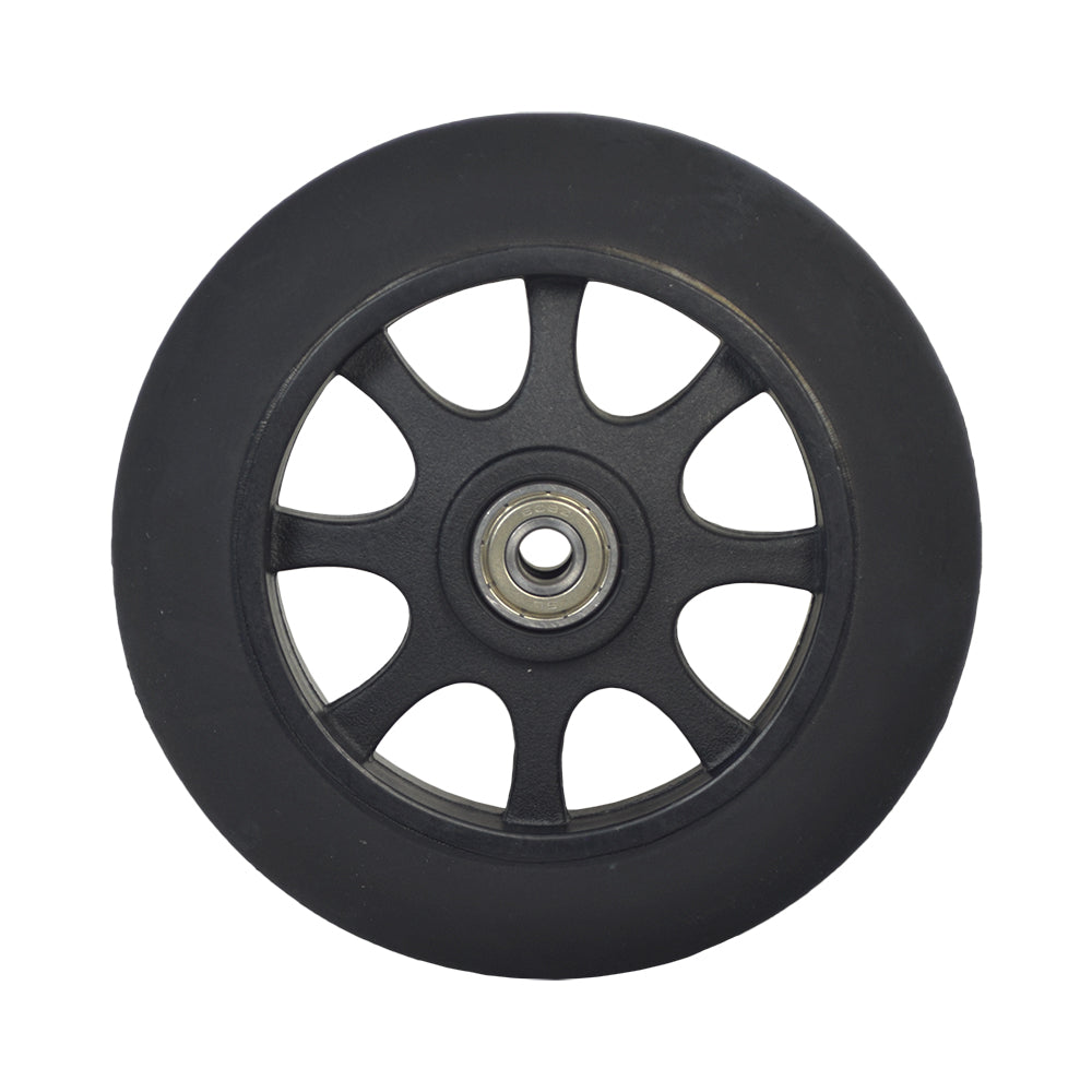 Black Front Anti-Tip Wheel Assembly for the Jazzy Select, featuring a black wheel with a metal center, designed to fit all units made after January 1, 2010.