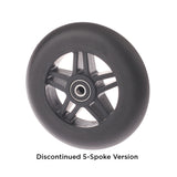 Front Anti-tip Wheel for Jazzy, Jet, and Quantum Power Chairs (Black Urethane) with black rim and metal center, roller blade style, measuring 127mm, designed for stability and durability in power chairs.