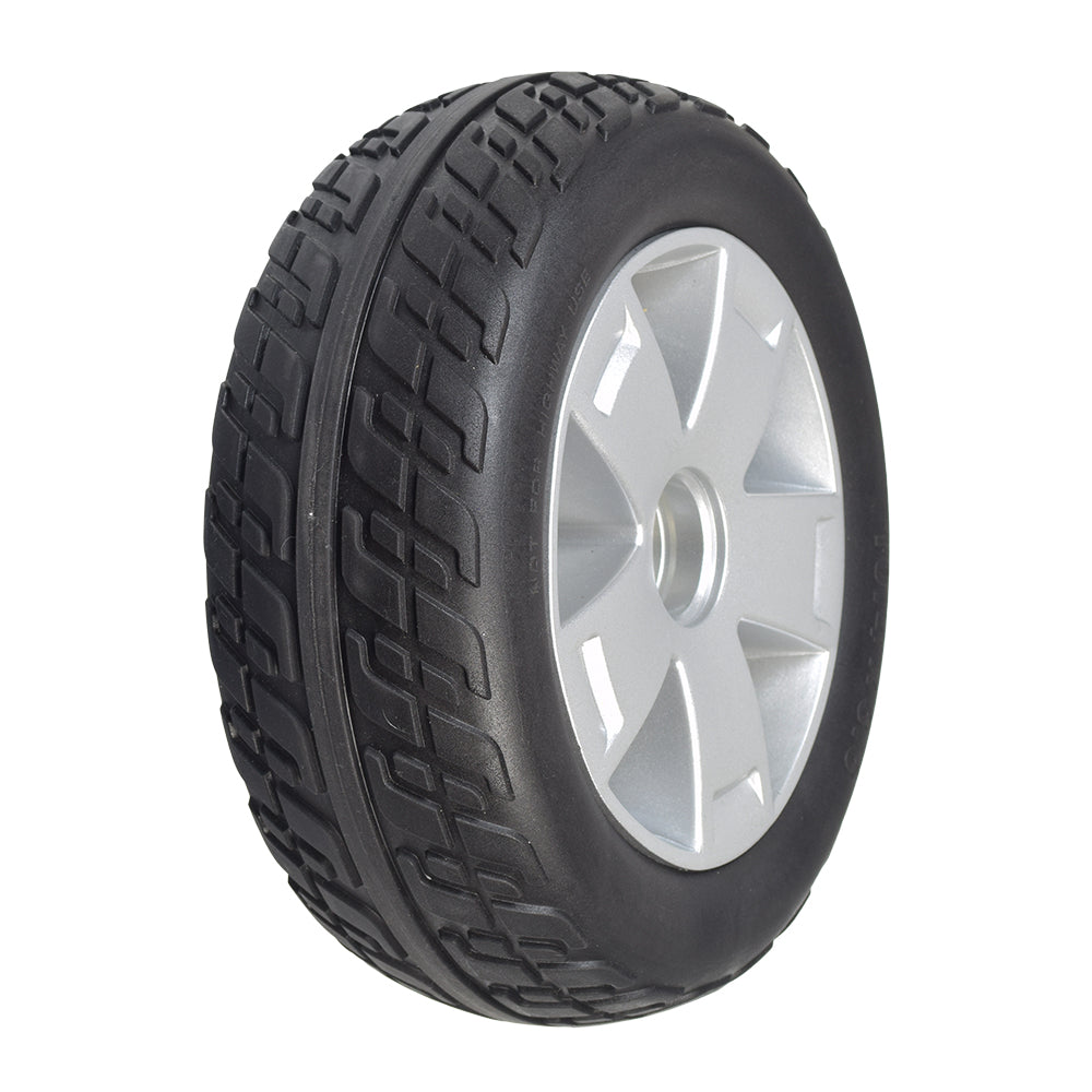 Foam Filled Front Wheel Assembly with Black Tire for the Pride Victory 10 (SC710), Victory ES 10 (S104), and Victory Sport (S710DXW), showcasing a black tire with a sporty silver rim.