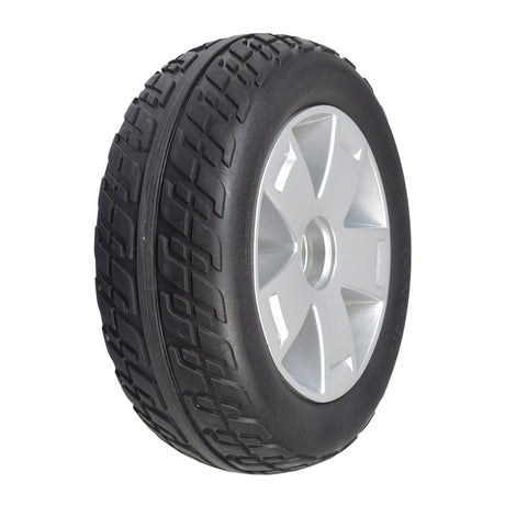 Foam Filled Front Wheel Assembly with Black Tire for the Pride Victory 10 (SC710), Victory ES 10 (S104), and Victory Sport (S710DXW), showcasing a black tire with a sporty silver rim.