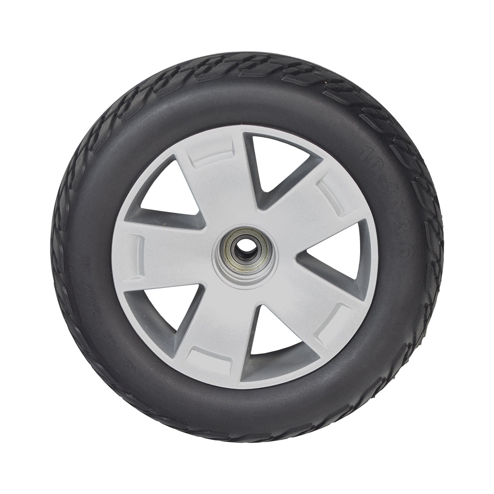 Foam Filled Front Wheel Assembly with Black Tire for the Pride Victory 10 (SC710), featuring a sporty silver rim and non-marking tread, crafted for reliable and worry-free performance on mobility scooters.