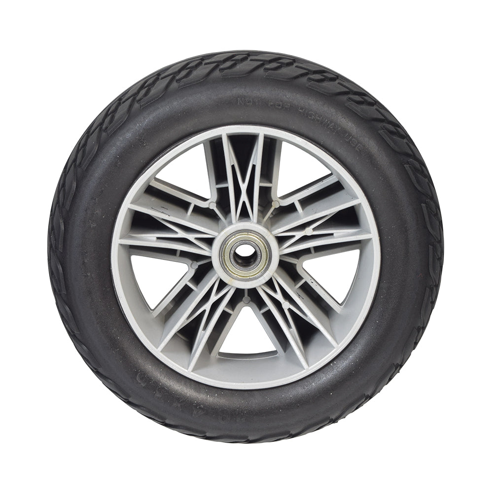 Foam Filled Front Wheel Assembly with Black Tire for the Pride Victory 10 (SC710), Victory ES 10 (S104), and Victory Sport (S710DXW) featuring a sporty silver rim and non-marking tread.