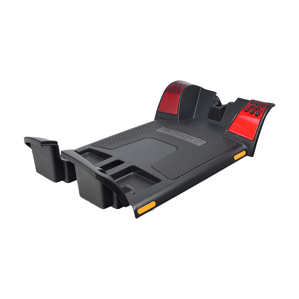 Front Shroud with Red Inserts for the 4-Wheel Go-Go Elite Traveller (SC44E), showcasing black and red accents, visible deck with side reflectors, lower basket, protective shield, and rubber floor mat.