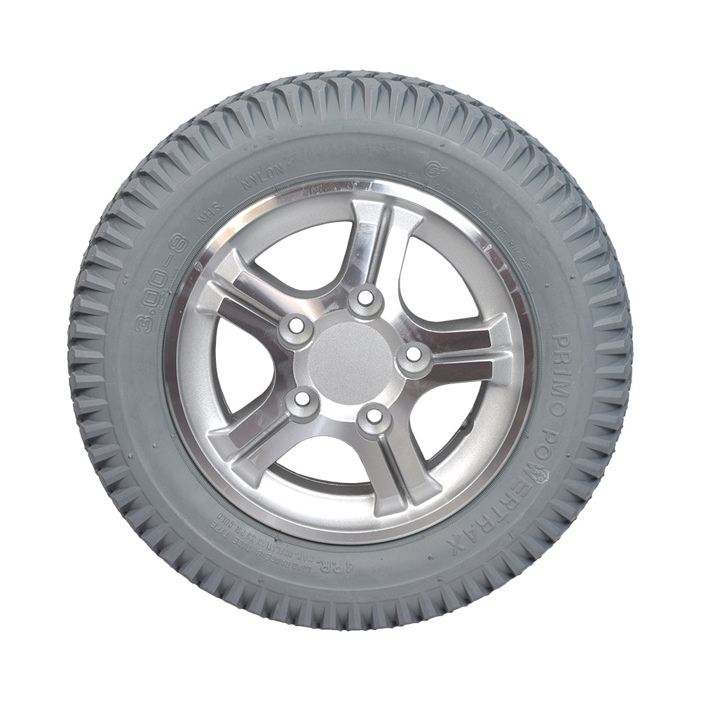 14x3 Flat Free 5-Spoke Wheel Assembly with Silver Rim for Quantum Q600, Q600XL, Q6000Z, and R4000 Power Chairs, featuring a robust tire with a sleek silver rim and five spokes.