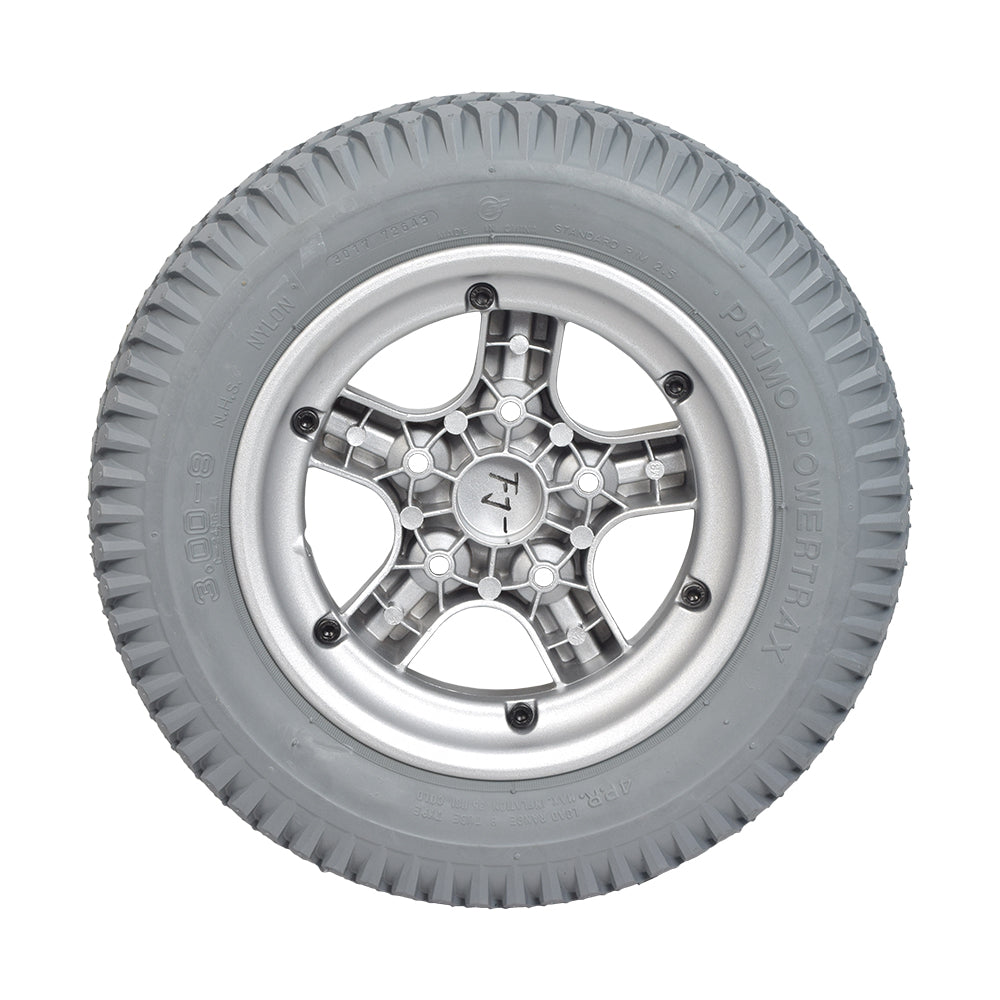 14x3 Flat Free 5-Spoke Wheel Assembly with Silver Rim for Quantum Q600, Q600XL, Q6000Z, and R4000 power chairs, showing a close-up of the tire, rim, and spokes.