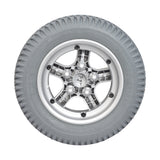 14x3 Flat Free 5-Spoke Wheel Assembly with Silver Rim for Quantum Q600, Q600XL, Q6000Z, and R4000 power chairs, showing a close-up of the tire, rim, and spokes.