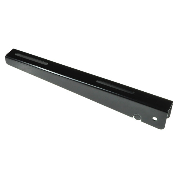 Armrest Bracket with Hardware for Jazzy Select Elite Power Chairs, featuring a black metal rectangular design with multiple holes, shown in a smooth glossy finish.