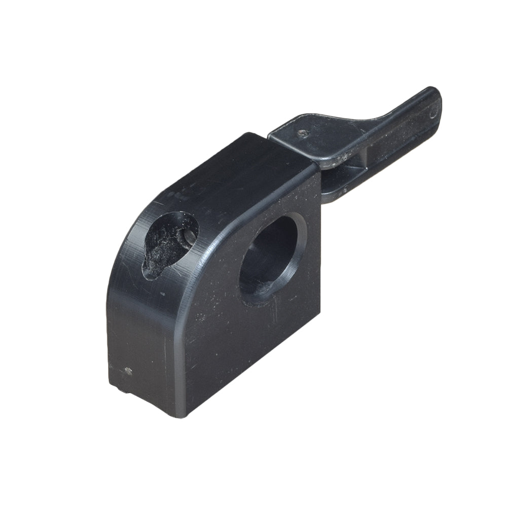 Right Front Armrest Latch Block with Lever for the Quantum Q6, featuring a black plastic piece with a hole, designed for adjustable armrests on Tru-Balance and Synergy Seat systems.