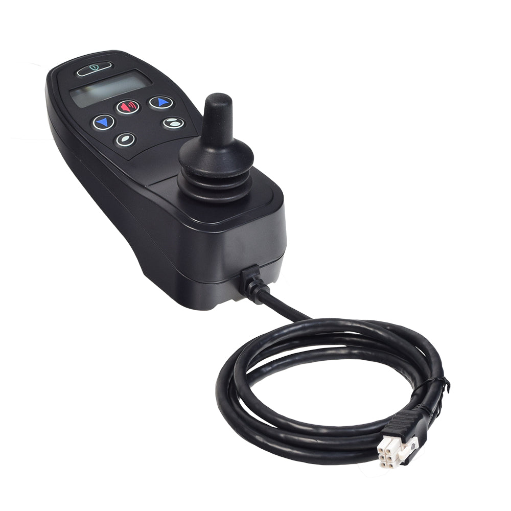 Q-Logic NE+ Series 6-Key Joystick Controller for Jazzy & Quantum Power Chairs, featuring a black remote with cable, buttons, and an easy-to-read screen.