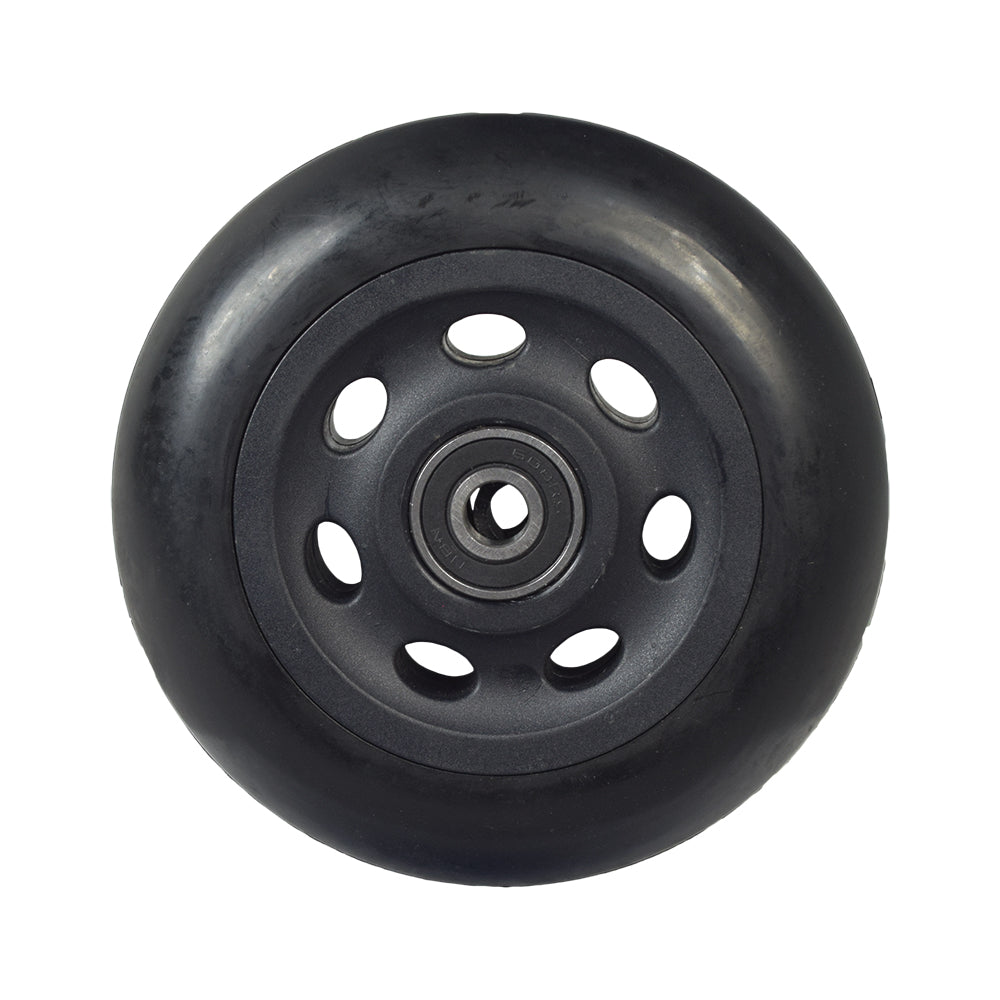 Rear Anti-Tip Wheel Assembly for the Jazzy 1450, Quantum Q1450, & R4000, featuring a black wheel with holes and pre-installed 6082Z bearings.