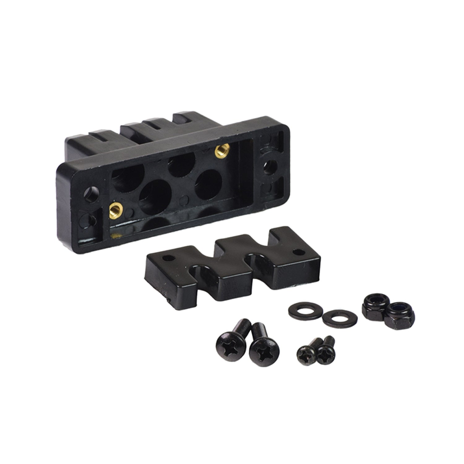 Motor and Brake Connector Assembly for the Go-Go Elite Traveller, Pride Revo 2.0, Victory 9 & Victory 10, showing a black plastic piece with screws, bolts, and connector ports.