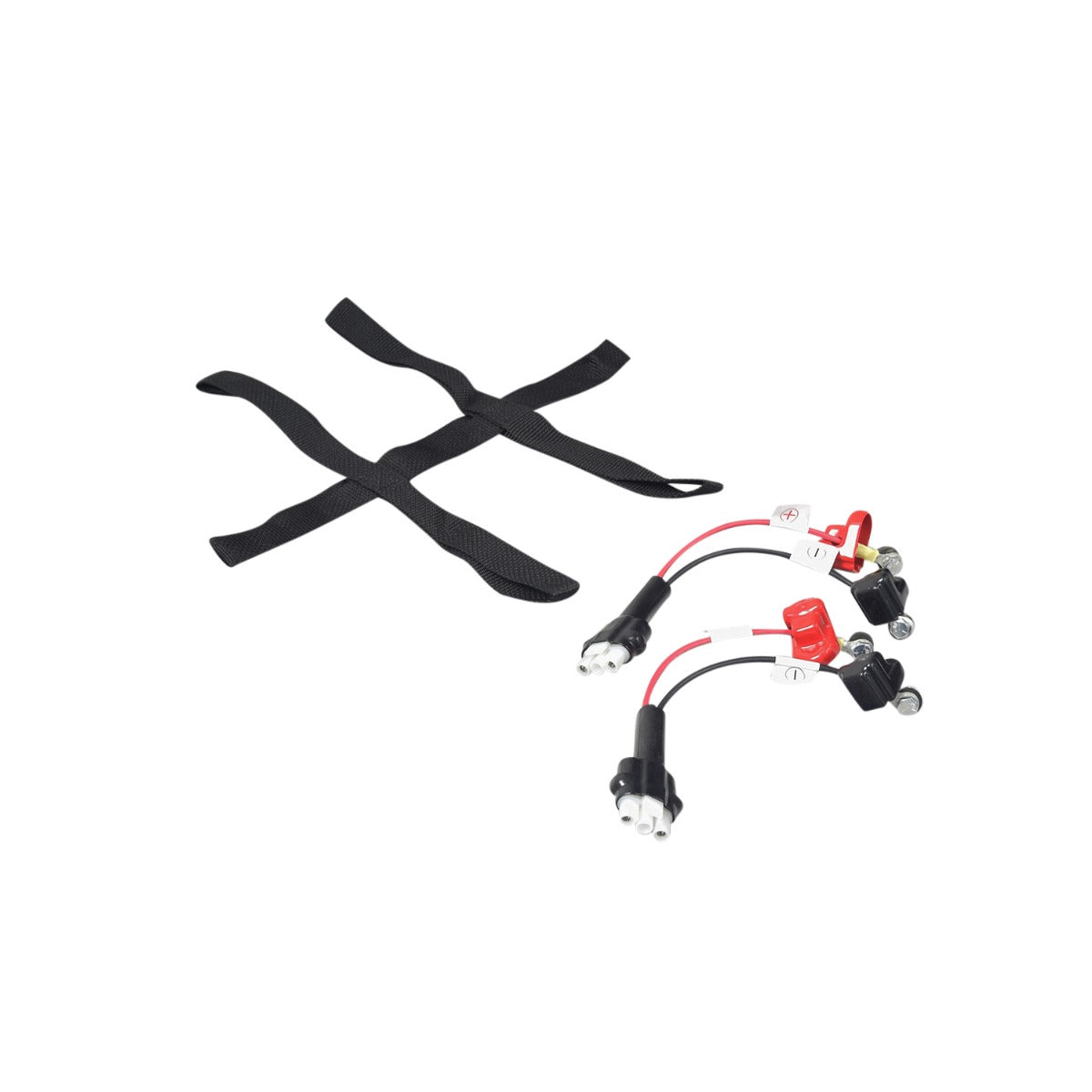 Battery Assembly Harness for Pacesaver Espree & Plus III Models featuring black straps with integrated red and white cables, terminal covers, and 2-pin connectors.