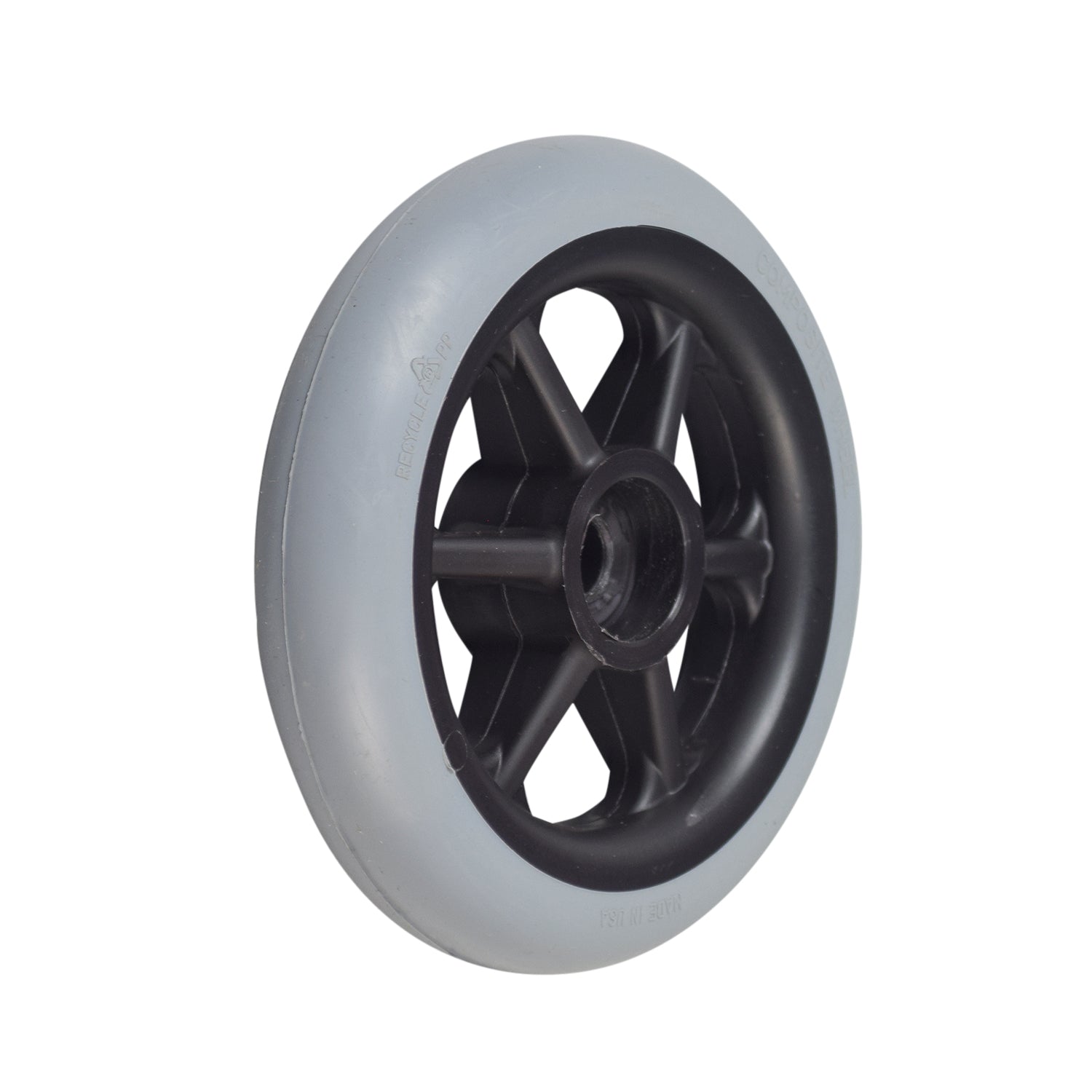 5 Solid Front Anti-Tip Assembly for the Pacesaver Scout Boss Power Chair, featuring a sturdy black rim and a close-up view highlighting the robust wheel design and durable construction.