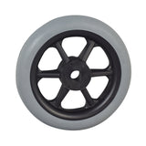 5 Solid Front Anti-Tip Assembly for the Pacesaver Scout Boss Power Chair, featuring a black rimmed wheel with a central hole, designed as a genuine PaceSaver factory OEM part.