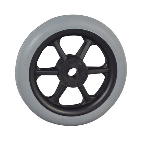 5 Solid Front Anti-Tip Assembly for the Pacesaver Scout Boss Power Chair, featuring a black rimmed wheel with a central hole, designed as a genuine PaceSaver factory OEM part.