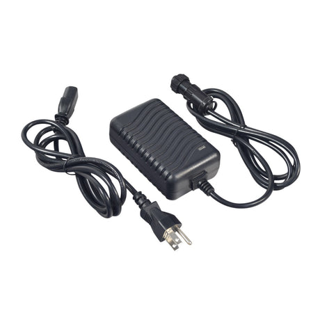 24 Volt 1.5 Amp MicroLight Super Charger 2403SR for PaceSaver Scooters. Black power supply with attached cables and plugs, designed for fast and safe battery charging, suitable for international use.