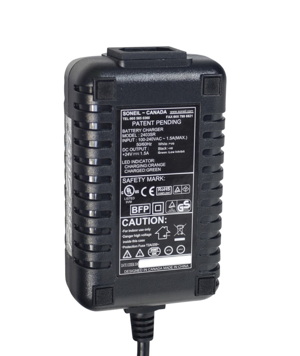 24 Volt 1.5 Amp MicroLight Super Charger 2403SR for PaceSaver Scooters, black with white text, compact design, and unique connector similar to XLR, displaying safety and charging labels.