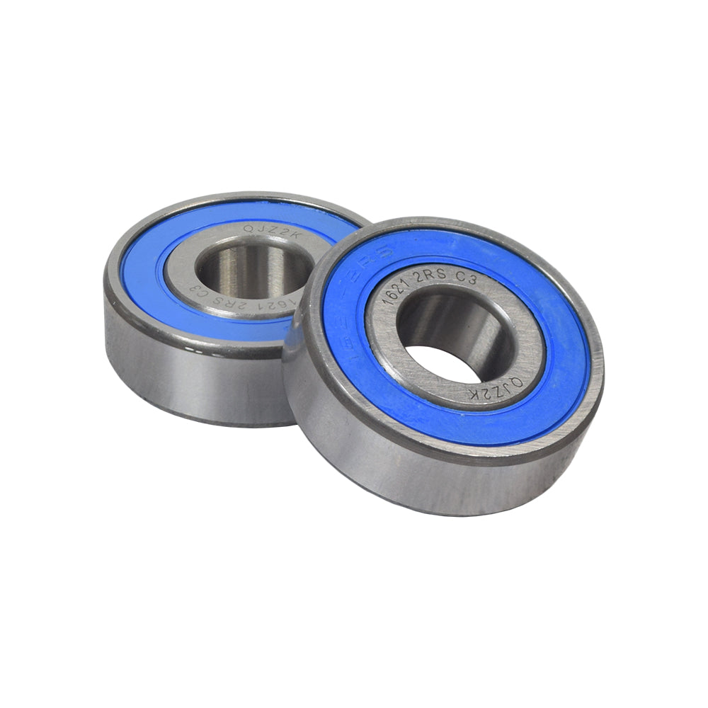 1621-2RS Sealed Wheel Bearings for Mobility Scooters and Wheelchairs (Set of 2), shown in close-up, highlighting their blue and silver design, deep groove structure, and sturdy construction for front wheel assemblies.