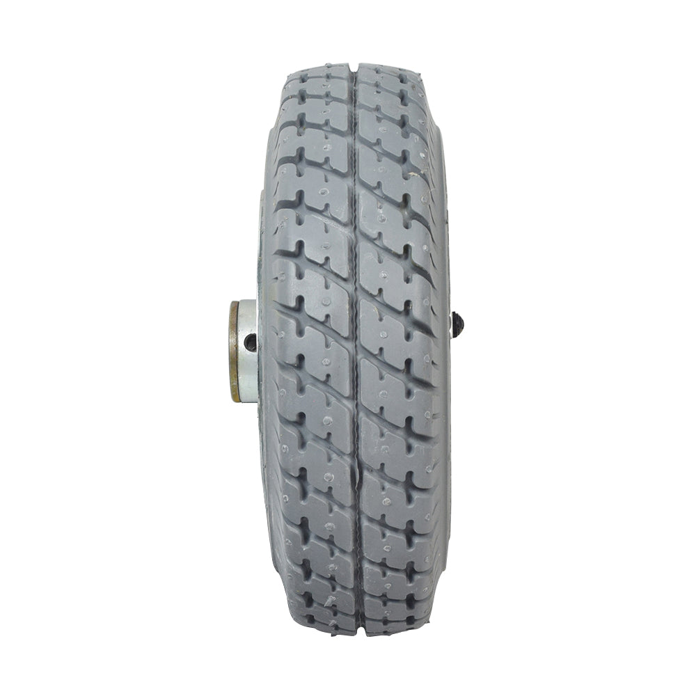 Flat-Free Rear Wheel Assembly for the Pacesaver Plus III Scooters: close-up of a tire showcasing the Primo Durotrap tread design, essential for reliable performance on various surfaces, including outdoor and indoor environments.