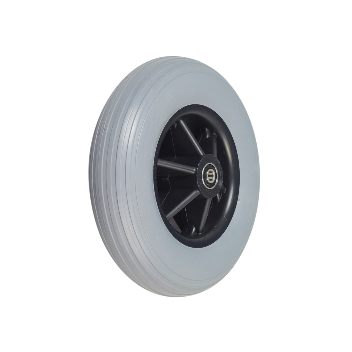 200x50 (8x2) Rear Caster Wheel for PaceSaver Scout RF Series Power Chairs, showcasing a black 6-spoke rim with a solid molded-on gray tire and pre-installed 608RS bearings.