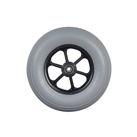 200x50 (8x2) Rear Caster Wheel for PaceSaver Scout RF Series Power Chairs, featuring a solid gray tire on a 6-spoke black rim, with pre-installed 608RS bearings.