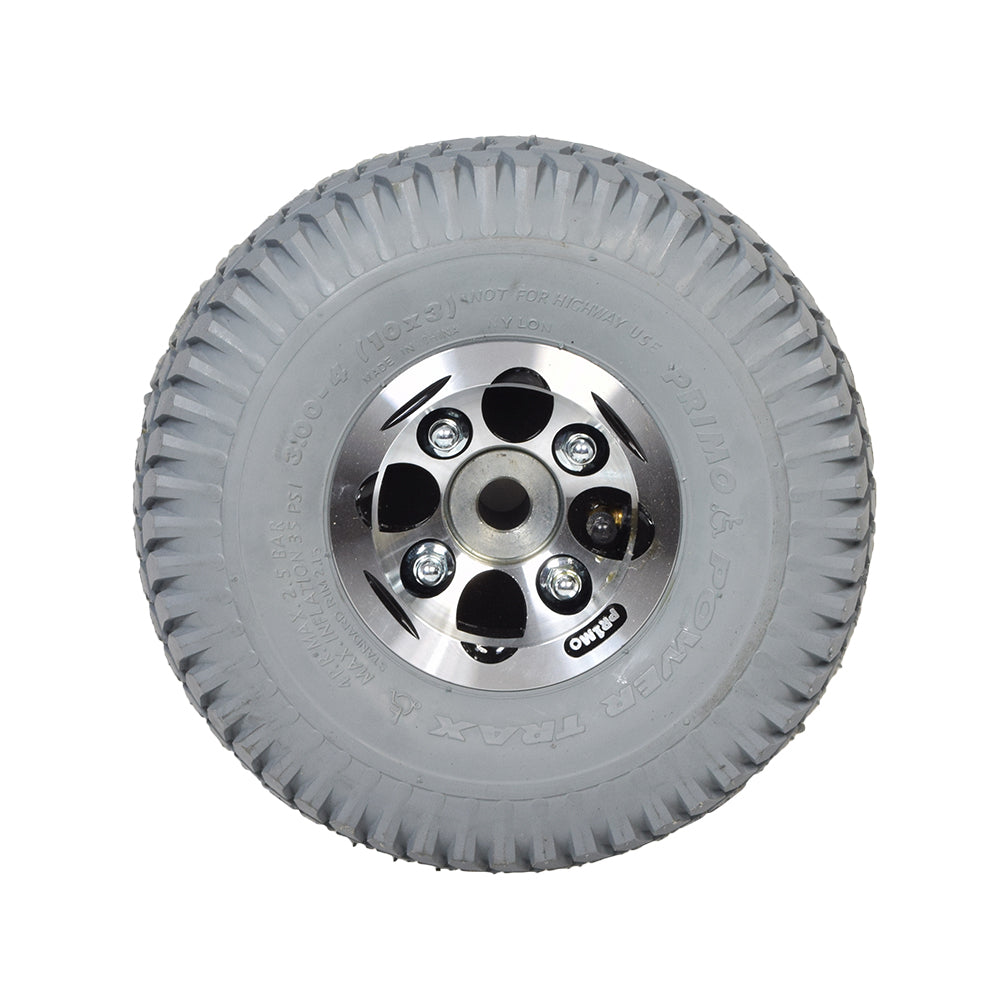 10 Flat-Free Rear Wheel Assembly for the Pacesaver Plus III Scooters, featuring a silver rim and Primo Durotrap tread design, ideal for both outdoor and indoor use.