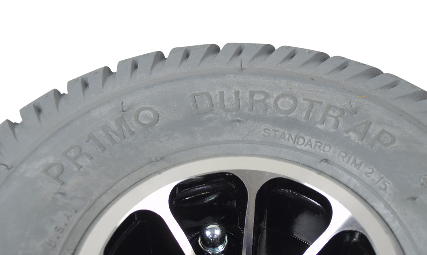 Close-up of the 3.00-4 (10x3) Flat-Free Rear Wheel Assembly for the Pride Celebrity 2000 (SC4400) and Legend (SC300) scooters, featuring a gray Primo Durotrap tire on a Micromag rim.