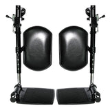 Elevating Leg Rests with Calf Pad for Jazzy and Jet Power Chairs (Set of 2), featuring a pair of black foot pedals and large black calf pads, compatible with various Pride Mobility models.