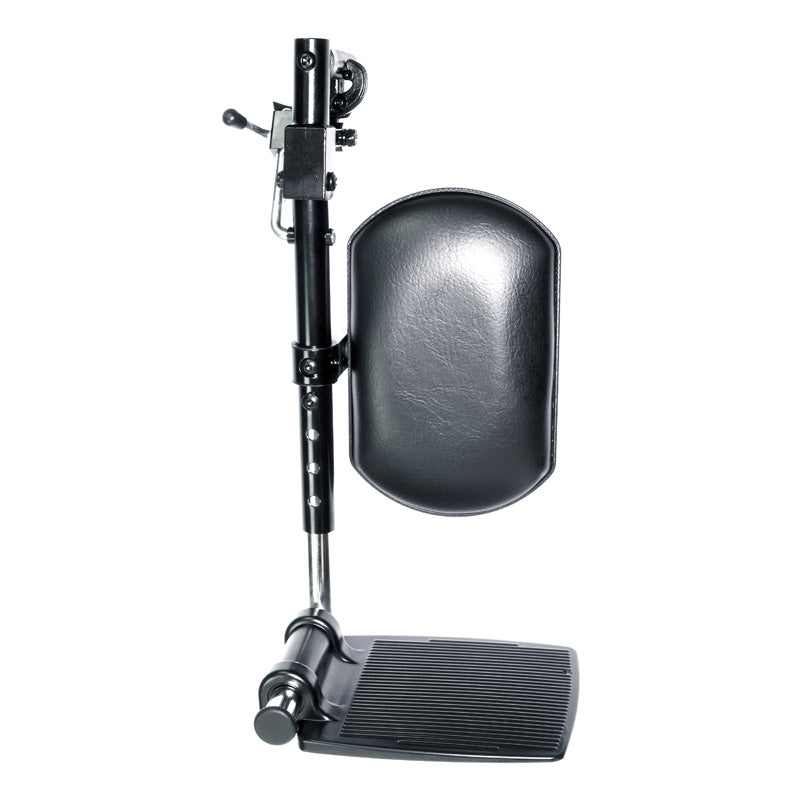 Elevating Leg Rests with Calf Pad for Jazzy and Jet Power Chairs (Set of 2) showing a black metal stand with a black seat, leather backrest, and large calf pad.