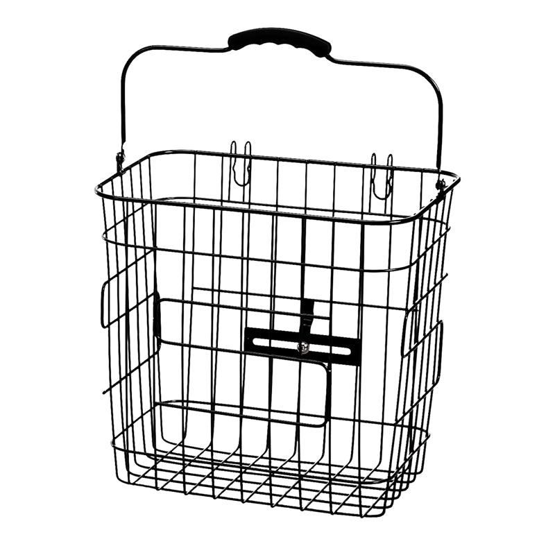 Pannier Side Basket by Sunlite, a black wire basket with a handle, featuring durable powder-coated steel construction, hooks, and a lower rack mounting bracket for easy attachment to a rear bike rack.