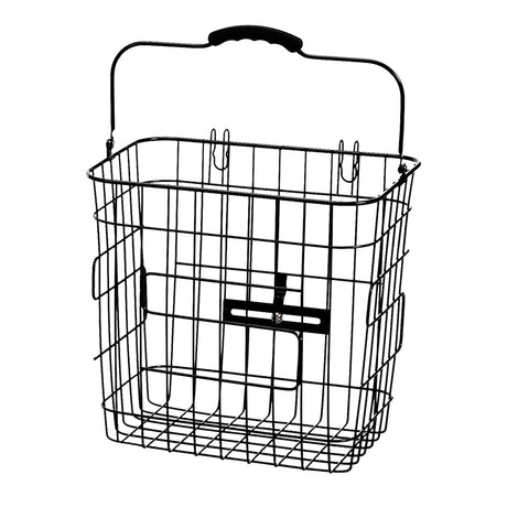 Pannier Side Basket by Sunlite, a black wire basket with a handle, featuring durable powder-coated steel construction, hooks, and a lower rack mounting bracket for easy attachment to a rear bike rack.