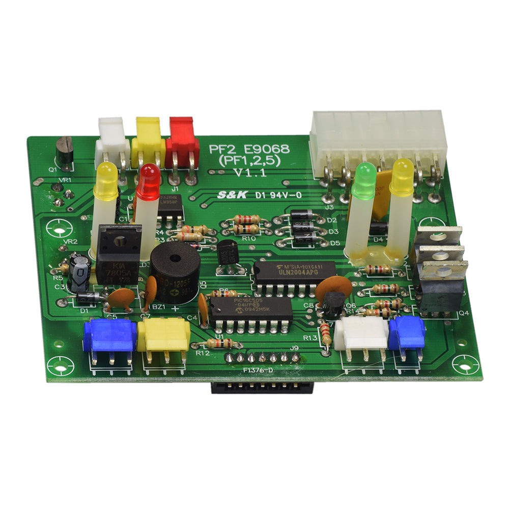 PCB Board for the Heartway Bolero (PF2), Frontier (PF1), and Mirage (PF6), featuring various electronic components and colored lights arranged on a green circuit board.