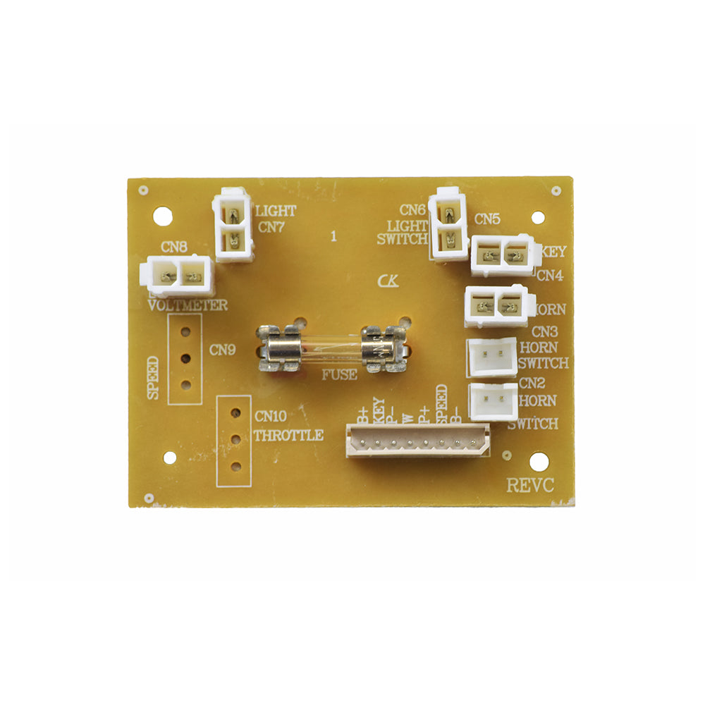 PCB Console Board for the Pride Dart (SC51) and Sonic (SC50, SC52) Scooters: A detailed view of a circuit board featuring white connectors and various electronic components.