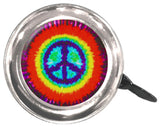 Swell Bell Chrome Bicycle & Scooter Bell featuring a rainbow-colored peace sign design, perfect for adding a touch of fun and humor to your ride.