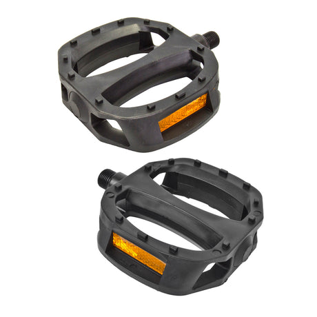 Bicycle Platform Pedals for Schwinn Meridian Trikes (Pair of 2): A set of black pedals with non-slip pins, broad platform, and amber reflectors, designed for a secure foot grip even in wet conditions.