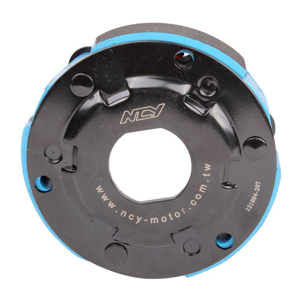 Performance Clutch for 125cc Yamaha Scooters; a circular black and blue clutch with a central hole, designed for high performance with high friction pads and lightweight pillows for enhanced scooter efficiency.