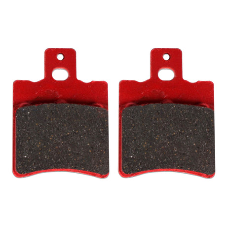 Performance Front Brake Pads for the Honda Ruckus Scooter (NPS50) shown in a pair, highlighting their distinct shape and grooves for enhanced braking efficiency. Suitable for Ruckus and Buddy 50 scooters.