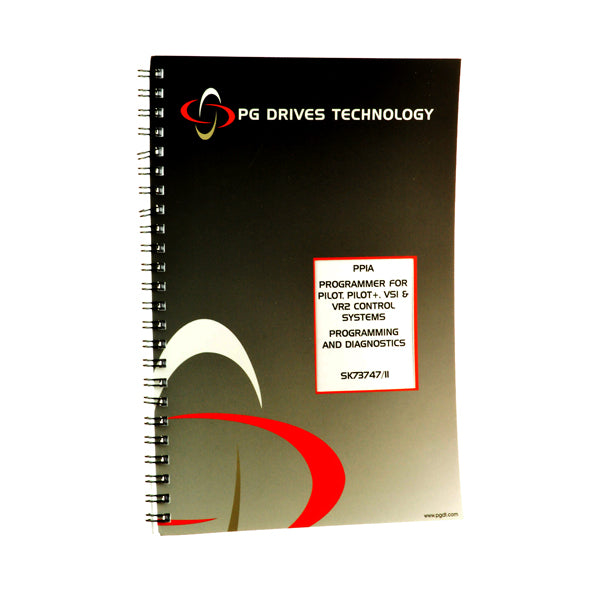 Black spiral-bound notebook with red and white text, accompanying the Programmer for PG Drives Technology Joysticks, including the Programming & Diagnostic manual, for customizing Pilot, Pilot+, VSI, and VR2 control systems.