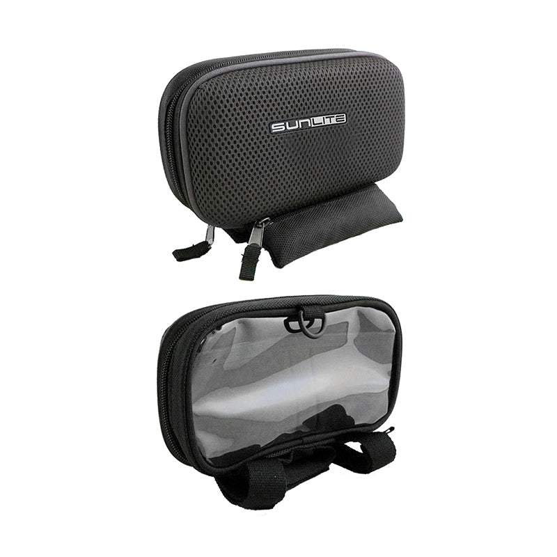 Close-up of the Phone Bag with Speaker by Sunlite, featuring a clear window for smartphones and a zipper. The water-resistant polyester bag mounts to handlebars with three hook and loop straps.