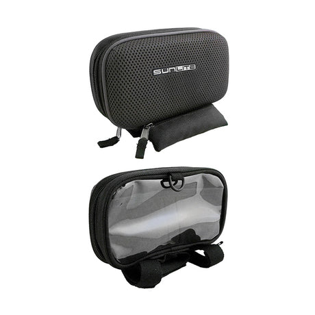 Close-up of the Phone Bag with Speaker by Sunlite, featuring a clear window for smartphones and a zipper. The water-resistant polyester bag mounts to handlebars with three hook and loop straps.