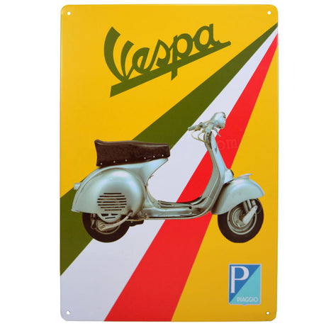 8 x 12 Retro Piaggio Vespa Scooter Metal Sign featuring a vintage scooter graphic. The durable tinplate sign includes four tack holes for easy mounting, perfect for decorating a den or garage.