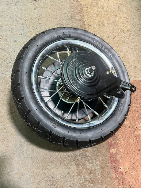 Rear Wheel Assembly with Wire Spoke Rim for the Razor Pocket Mod (Versions 13-30) (Blemished), featuring a 12-1/2 x 2-1/4 tire, tube, rim, and wheel bearings.