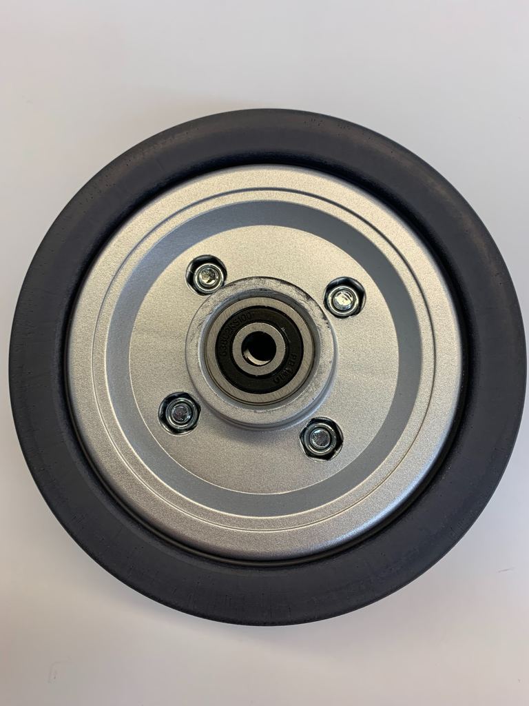 6x2 Dark Gray Rear Caster Wheel Assembly for the Jazzy & Quantum J6, featuring a black rubber rim, metal components, and included bearings and spacers.