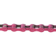 Pink 112 Link 1/2 x 1/8 Bike Chain with Master Link, featuring a plastic chain with two circular links and metalware. Ideal for single-speed bikes with a 9.3 mm width.