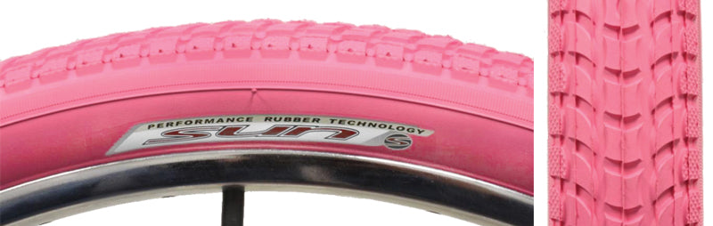 Close-up of the Pink 26 Cruiser 927 Tire for Bikes showcasing its grooved tread and large air volume balloon design, ideal for shock absorption.