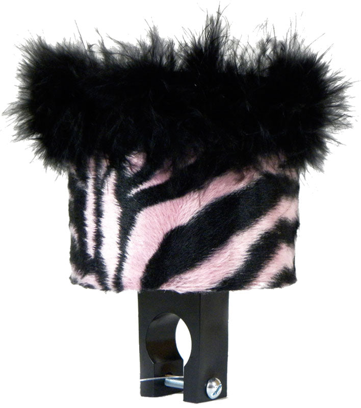 Pink Cruiser Candy Cup Holder for Bikes & Scooters featuring a pink and black feathered design, perfect for adding flair and easy beverage access to your handlebars.