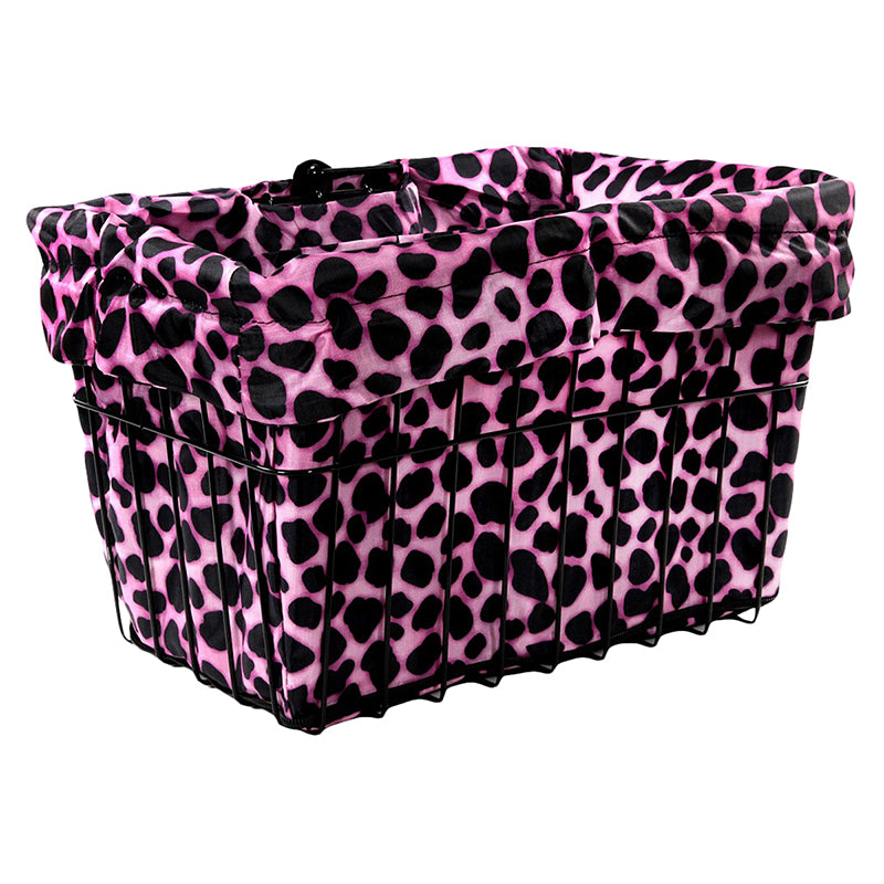 Pink Dalmation Basket Liner & Carrying Sack with Drawstring for Bikes & Scooters, featuring a pink and black spotted pattern, designed to fit standard wire and wicker baskets.