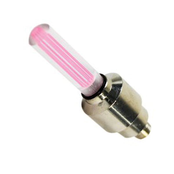 Close-up of the Pink Firefly Valve Cap Light for Bikes & Scooters, featuring a transparent tower with an LED light inside, designed to replace the inner tube valve cap.